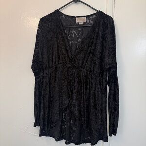 Vintage 90s Burnout Velvet Floral Top Black Sheer Whimsigoth Babydoll Blouse M